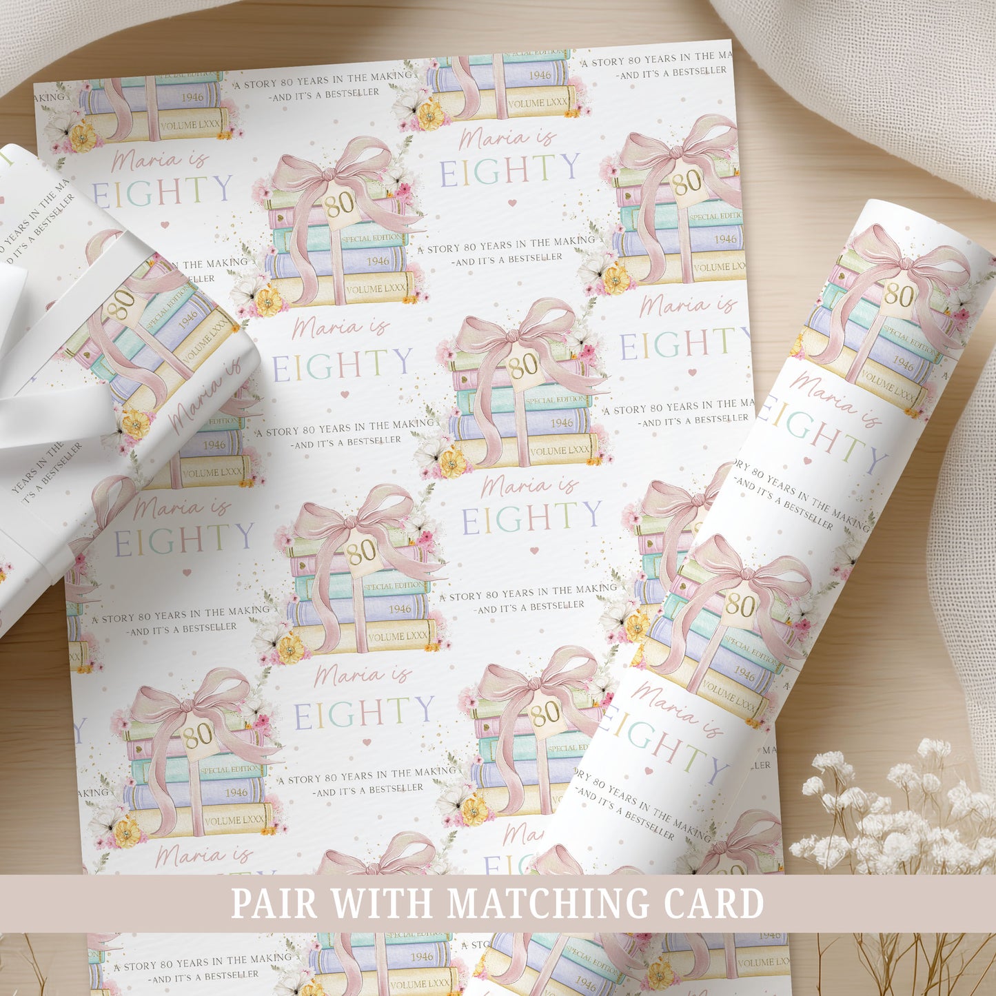 Personalised 80th Birthday Wrapping Paper Book Lover