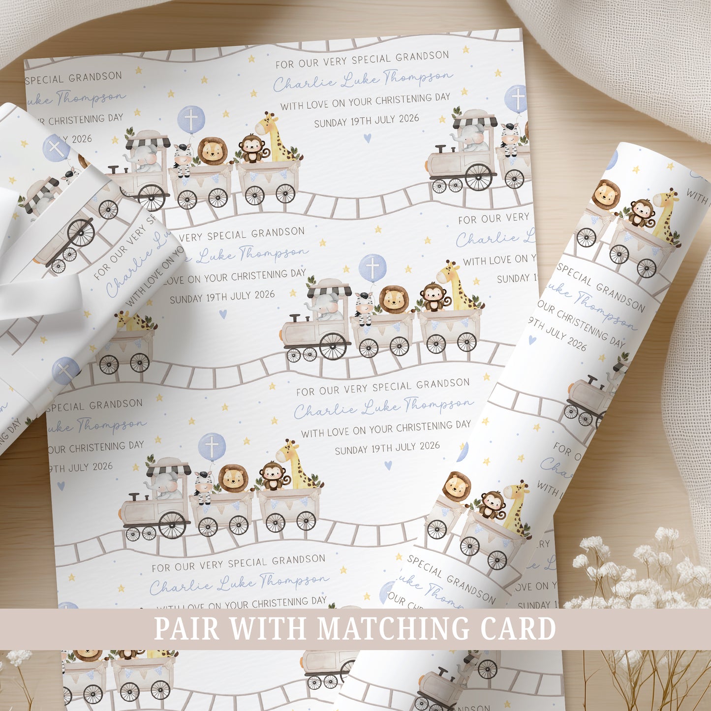 Personalised Boy's Blue Safari Train Christening Baptism Day Wrapping Paper