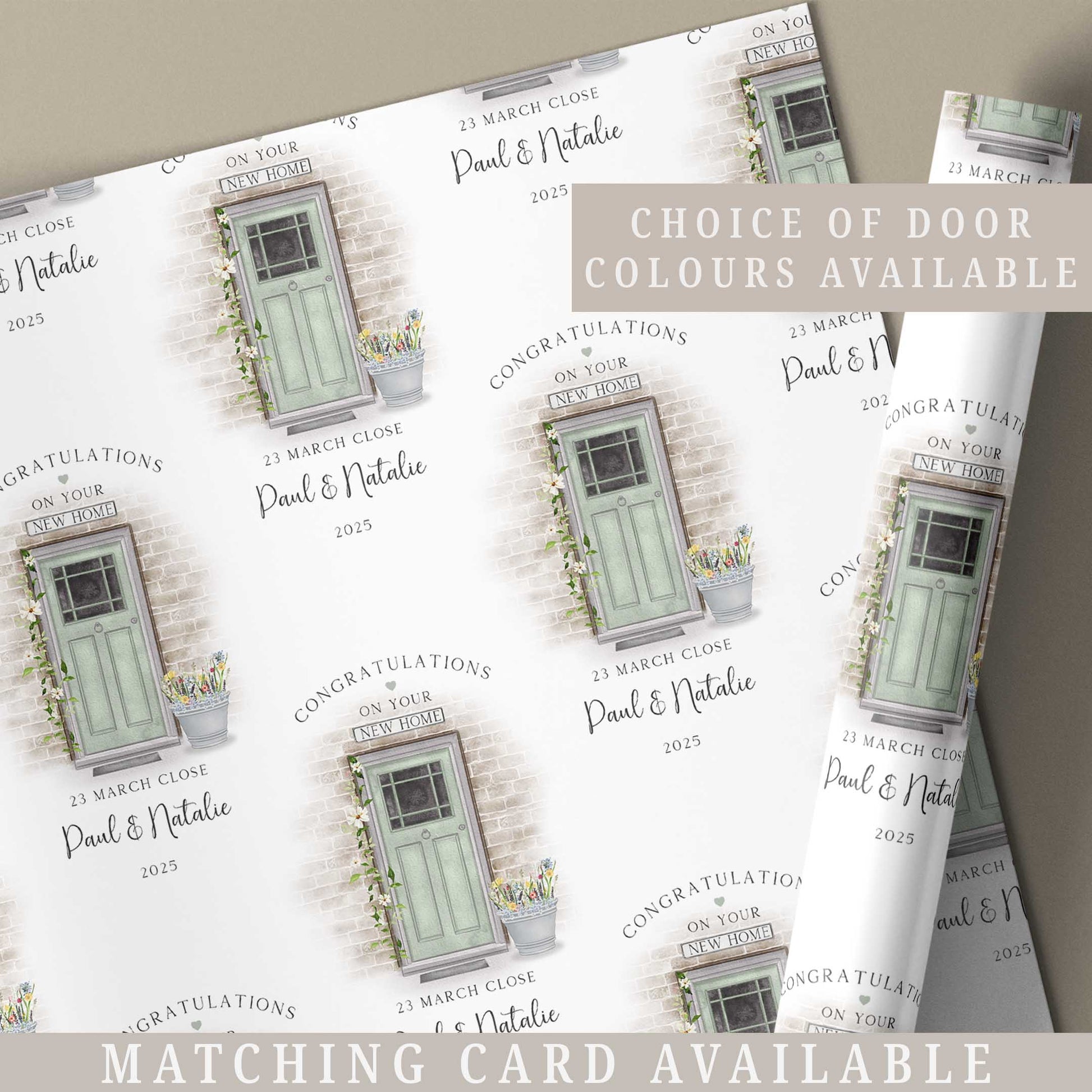 Personalised new home wrapping paper featuring a front door design with names, address and choice of door colours