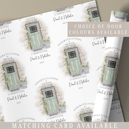 Personalised new home wrapping paper featuring a front door design with names, address and choice of door colours