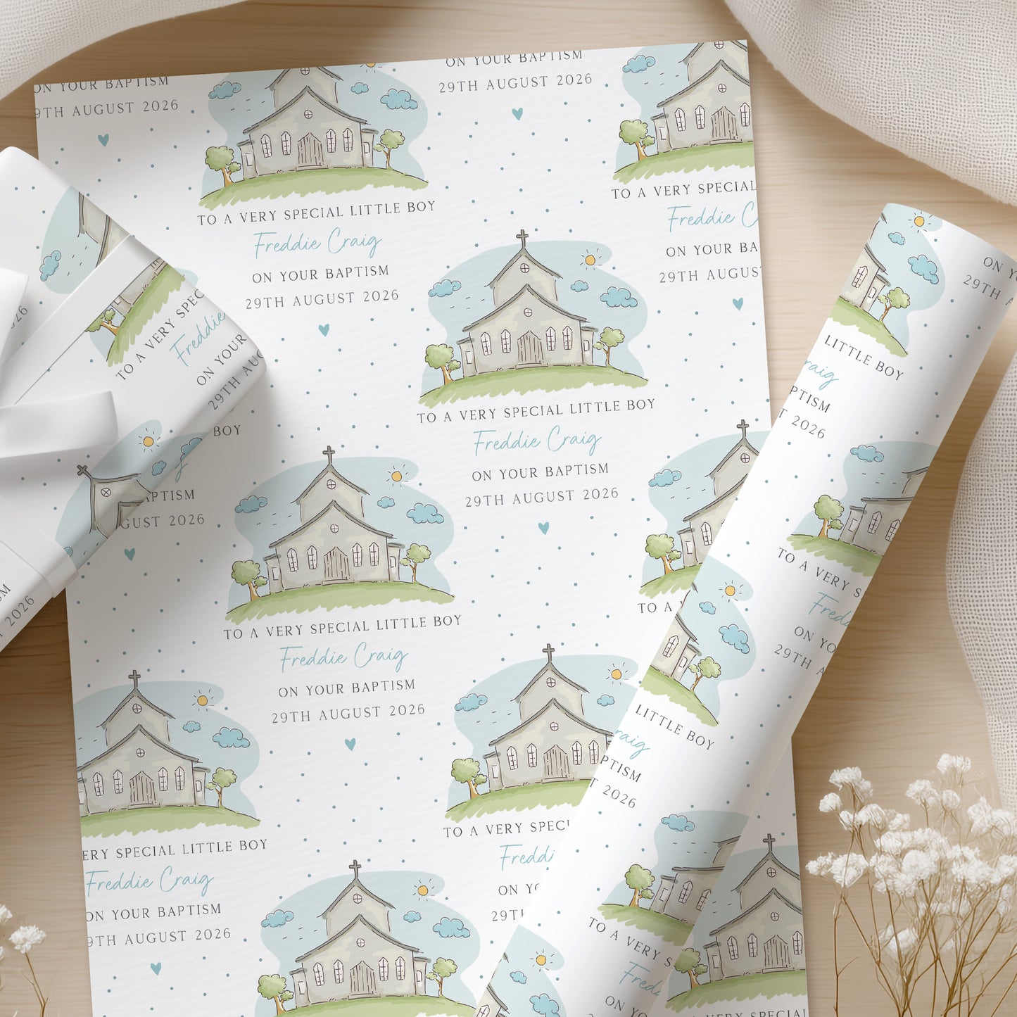Personalised Blue Church Christening Baptism Day Wrapping Paper