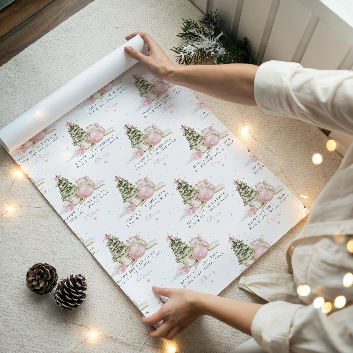 Personalised Girl's Pink First Christmas Mouse Gift Wrapping Paper