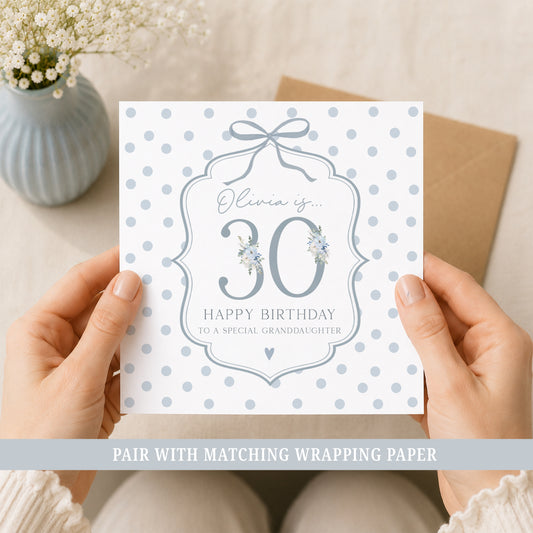 Personalised 30th birthday floral number card with blue polka dot background, name and optional relation.