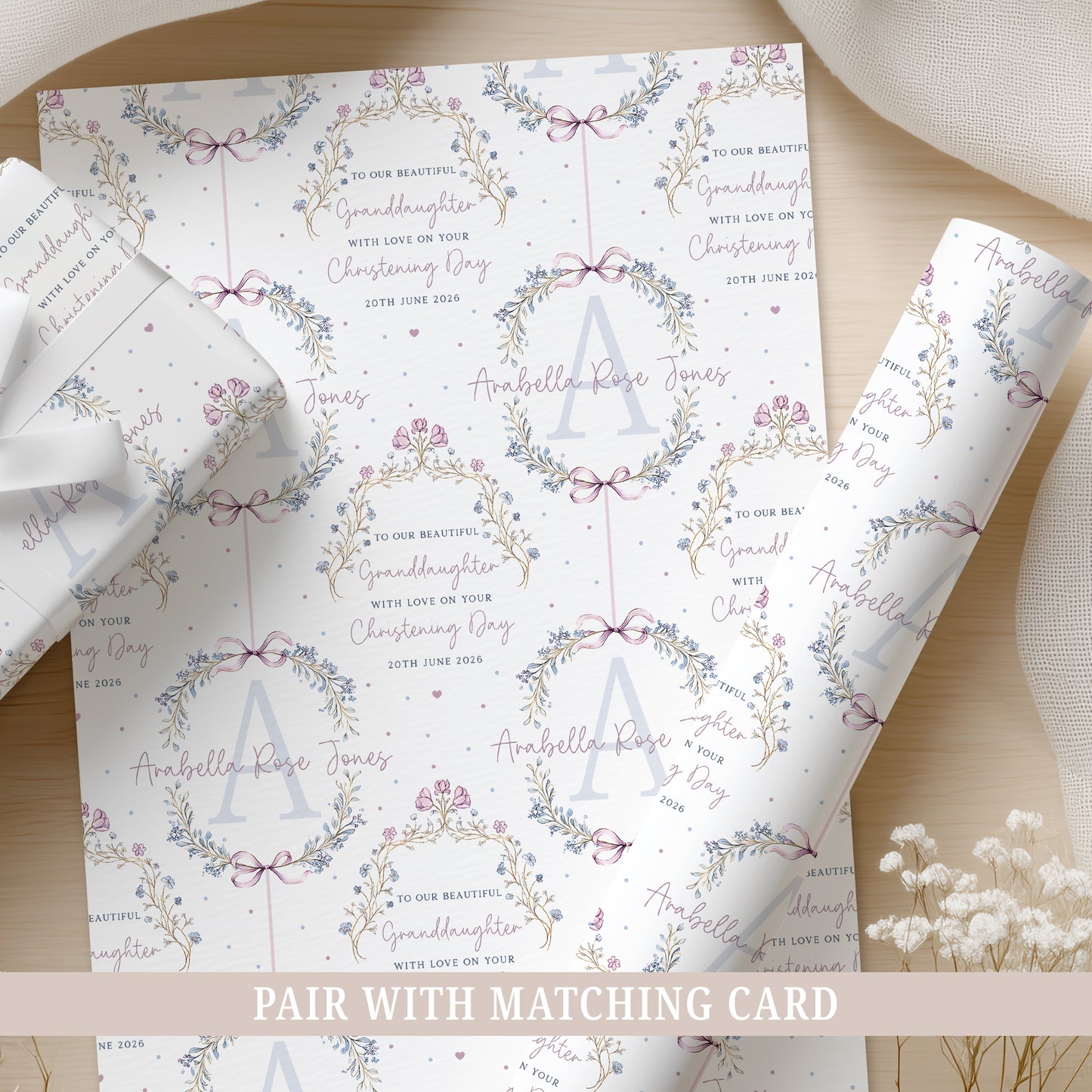 Personalised Girl's Christening Baptism Naming Day Floral Wreath Wrapping Paper