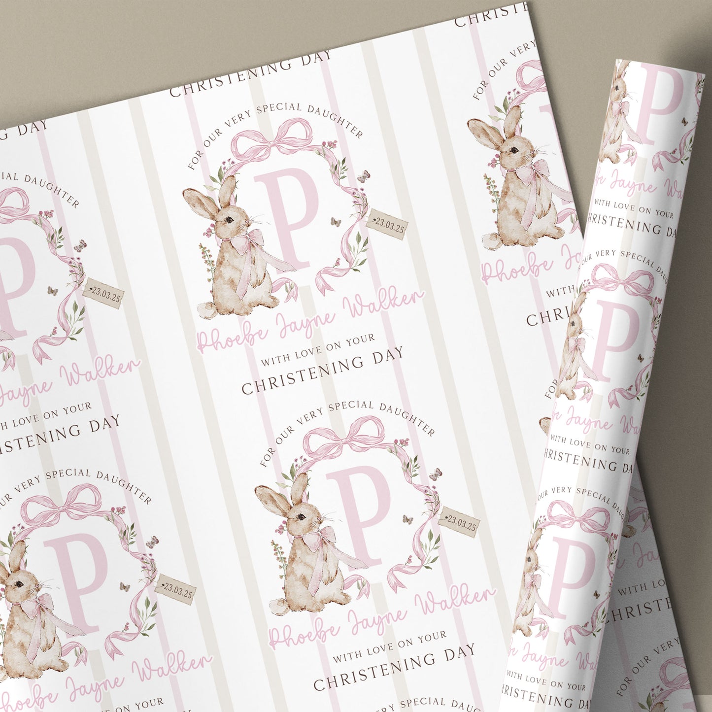 Personalised Girl's Pink Rabbit Christening Baptism Naming Day Card