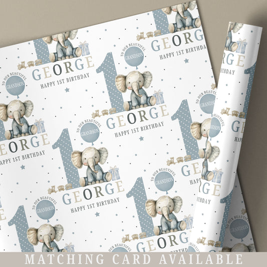 Personalised 1st Birthday Gift Wrapping Paper Blue Elephant