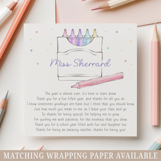 Personalised Teacher Crayons Thank You Card