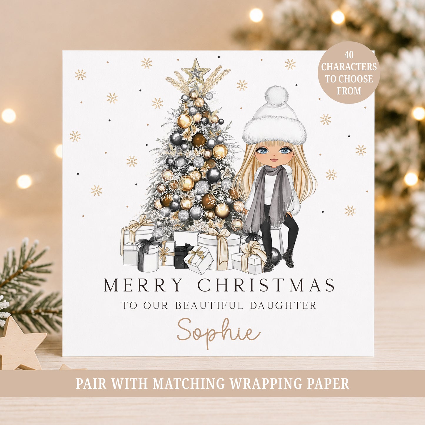 Personalised Daughter Christmas card featuring a winter girl character beside a decorated Christmas tree with gold, silver and black baubles and presents.