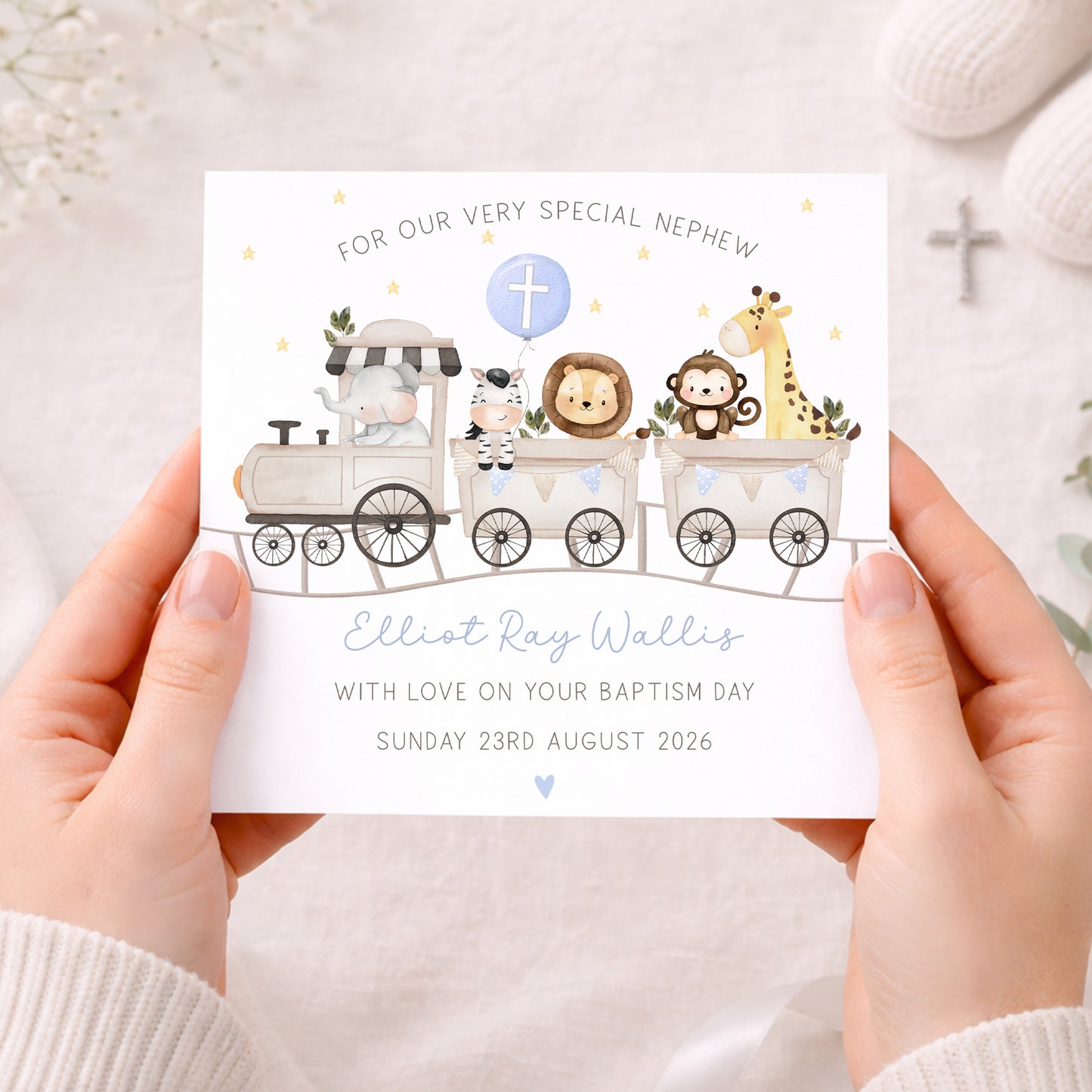 Personalised Son Christening, Baptism Card - Safari Train