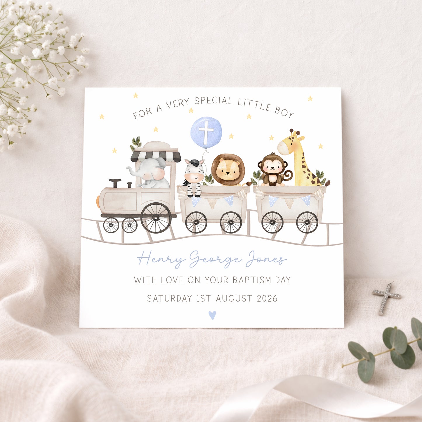 Personalised Son Christening, Baptism Card - Safari Train