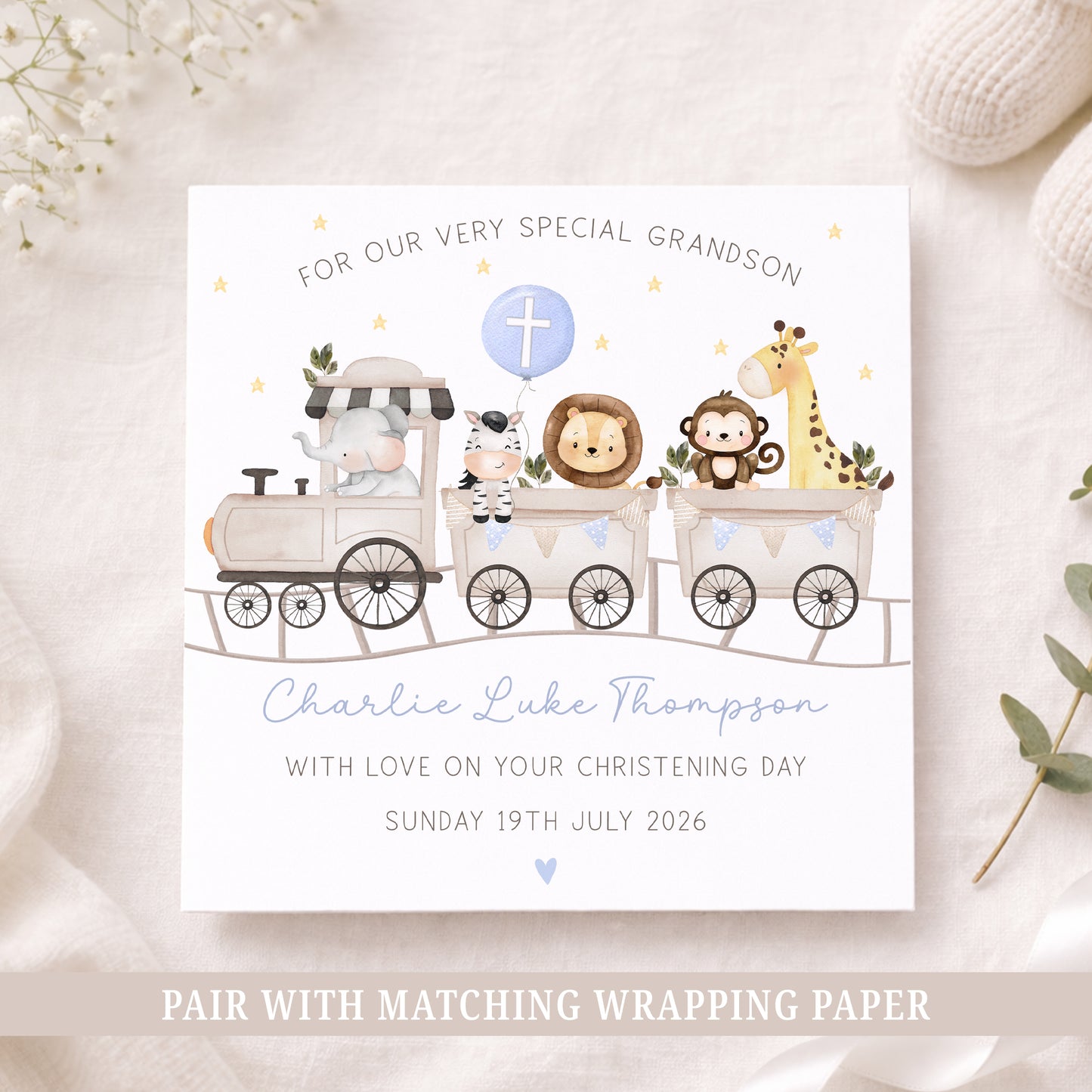 Personalised Son Christening, Baptism Card - Safari Train