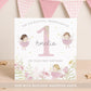 Personalised first birthday card for daughter featuring fairy illustrations, pink flowers and custom name detail.