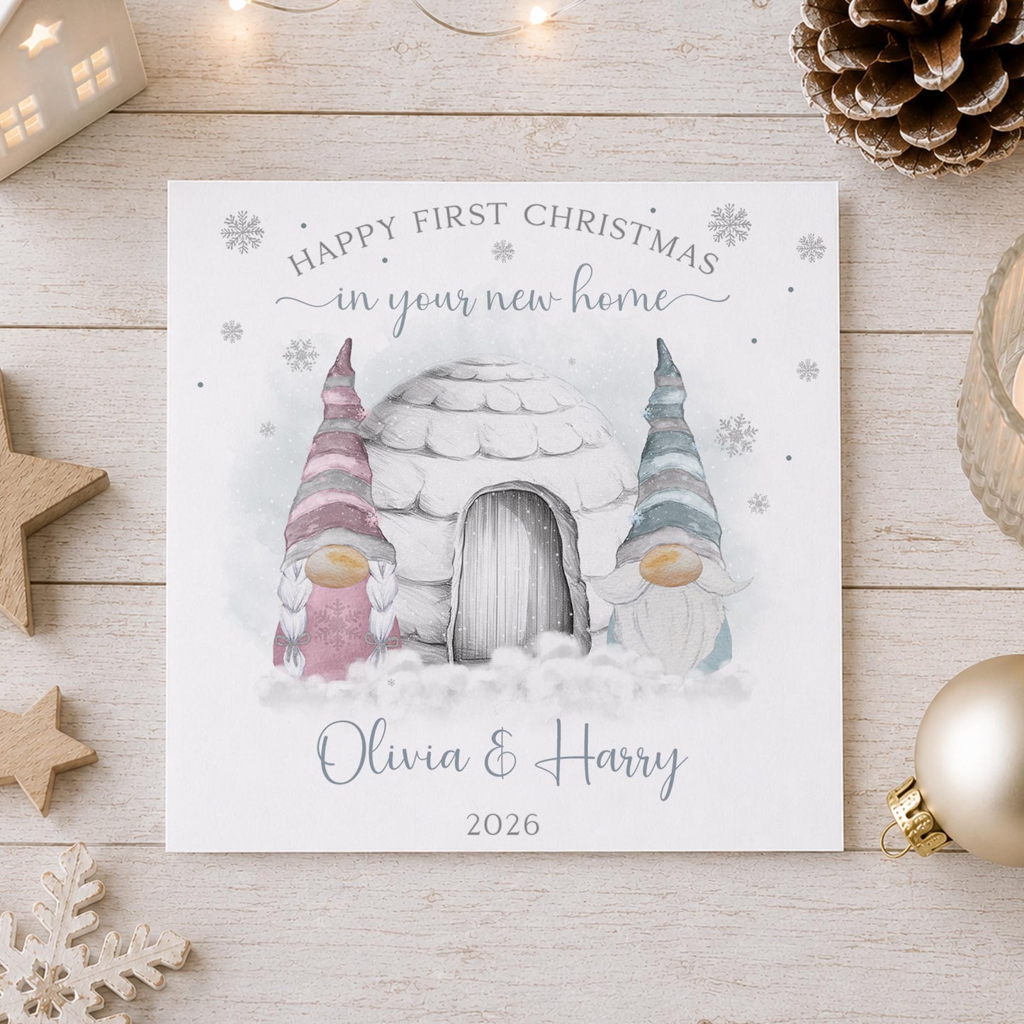 Personalised First Christmas in New Home Card – Christmas Gnome Couple