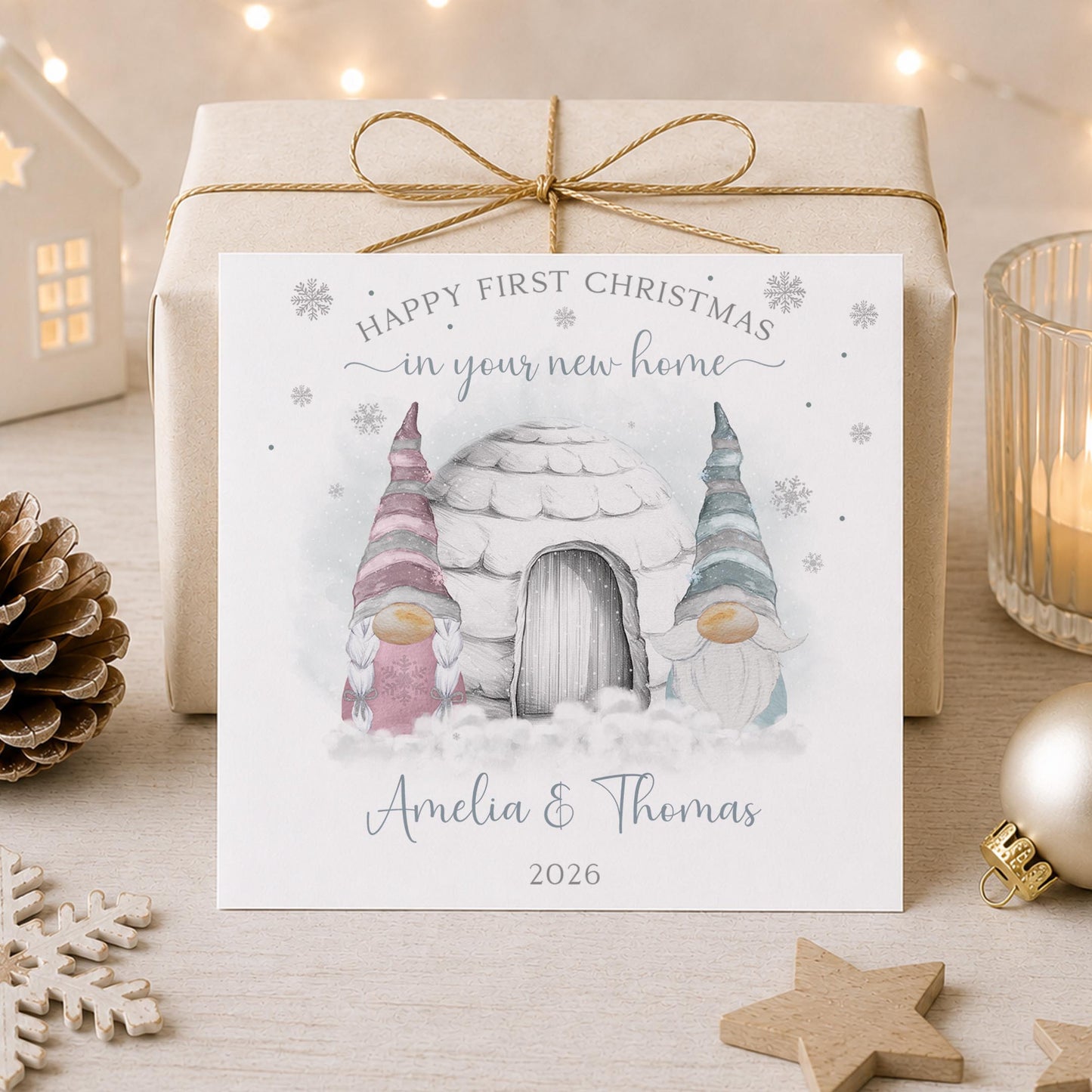 Personalised First Christmas in New Home Card – Christmas Gnome Couple