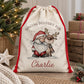 Personalised Christmas sack featuring a hand-drawn Santa and reindeer together in the snow, with “Special Delivery For” above and the child's name printed underneath. Natural poly linen Santa sack with a red drawstring, available in two sizes for children.