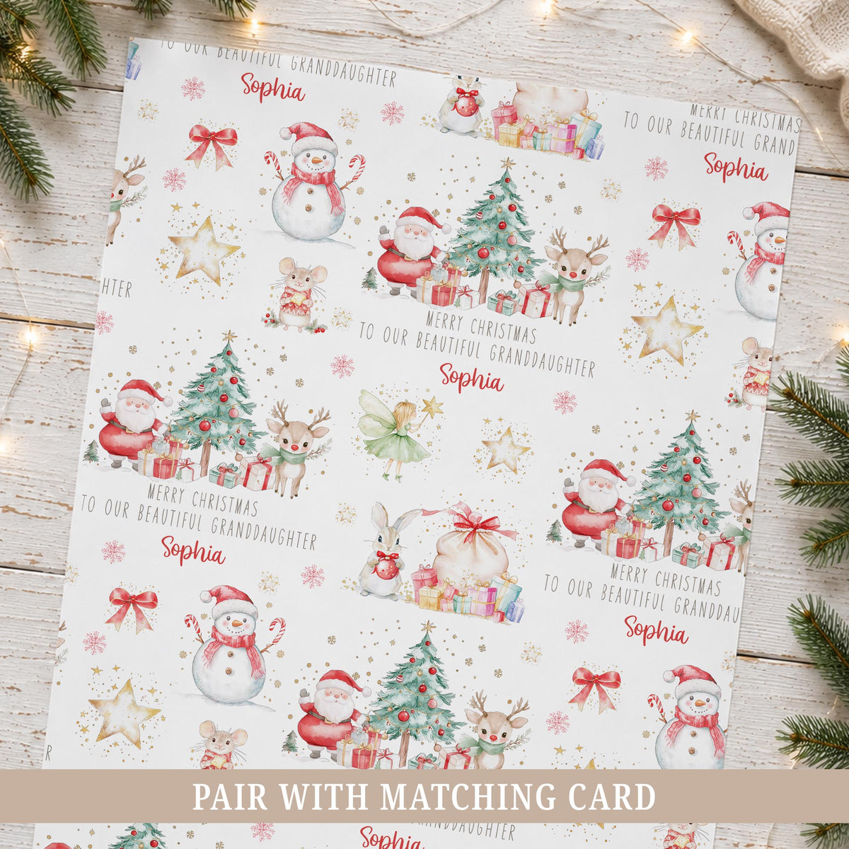 Personalised Christmas wrapping paper featuring Santa, reindeer, snowman, Christmas tree and festive characters, personalised with a name and relation.
