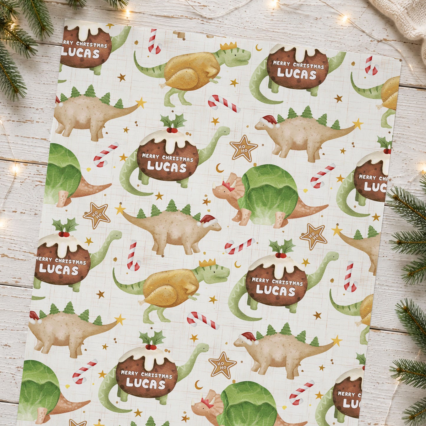 Personalised Christmas Pudding Dinosaur Wrapping Paper