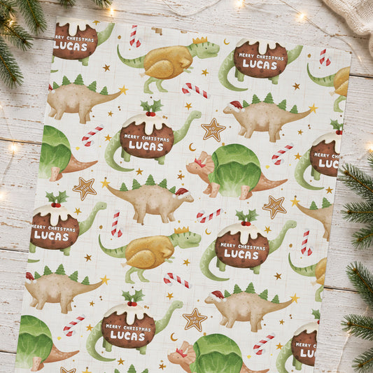Personalised Christmas Pudding Dinosaur Wrapping Paper