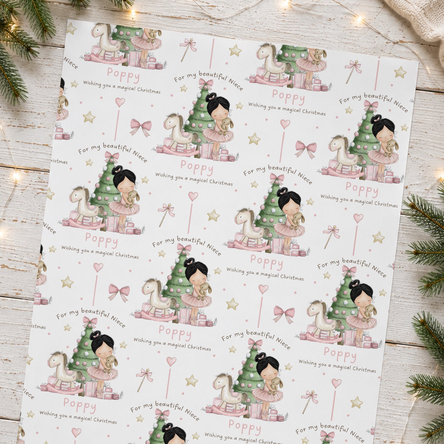 Personalised Girls Pink Ballerina Christmas Wrapping Paper