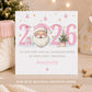 Personalised baby girl First Christmas card featuring a pink Santa, 2026 numbers, Christmas tree, baubles and gifts, personalised with her name and relation.