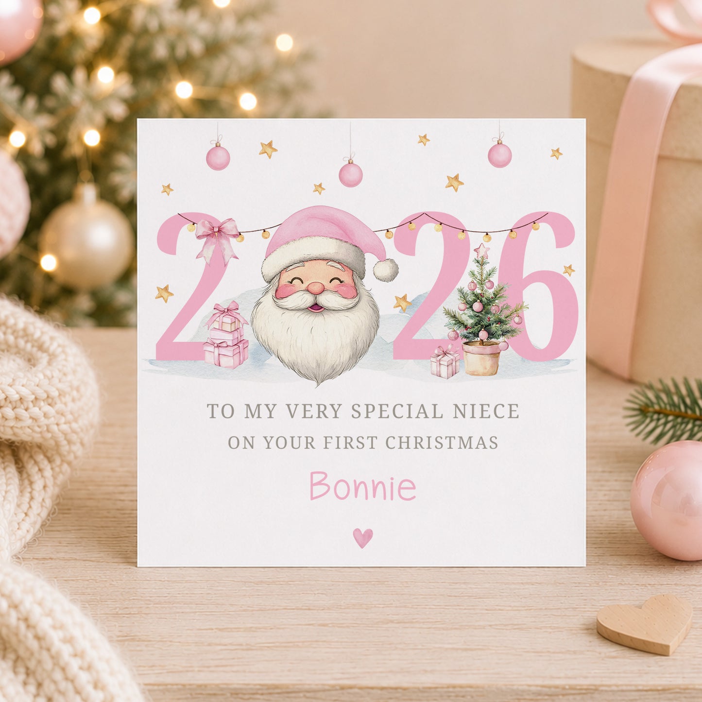 Personalised Girls First Christmas Wrapping Paper – Pink Santa 2026