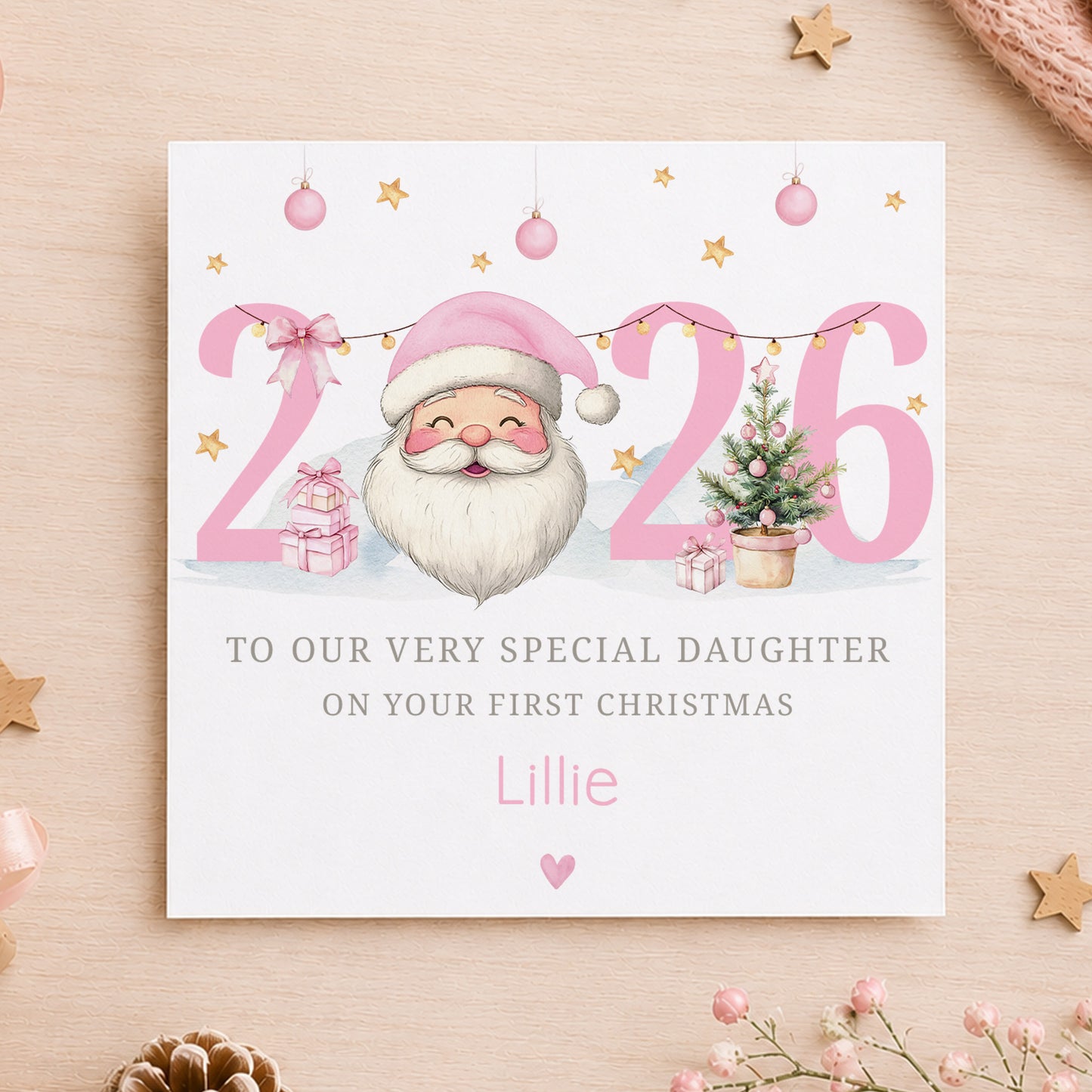 Personalised Girls First Christmas Wrapping Paper – Pink Santa 2026