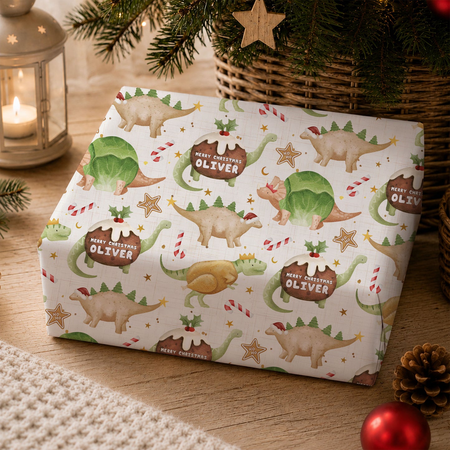 Personalised Christmas Pudding Dinosaur Wrapping Paper