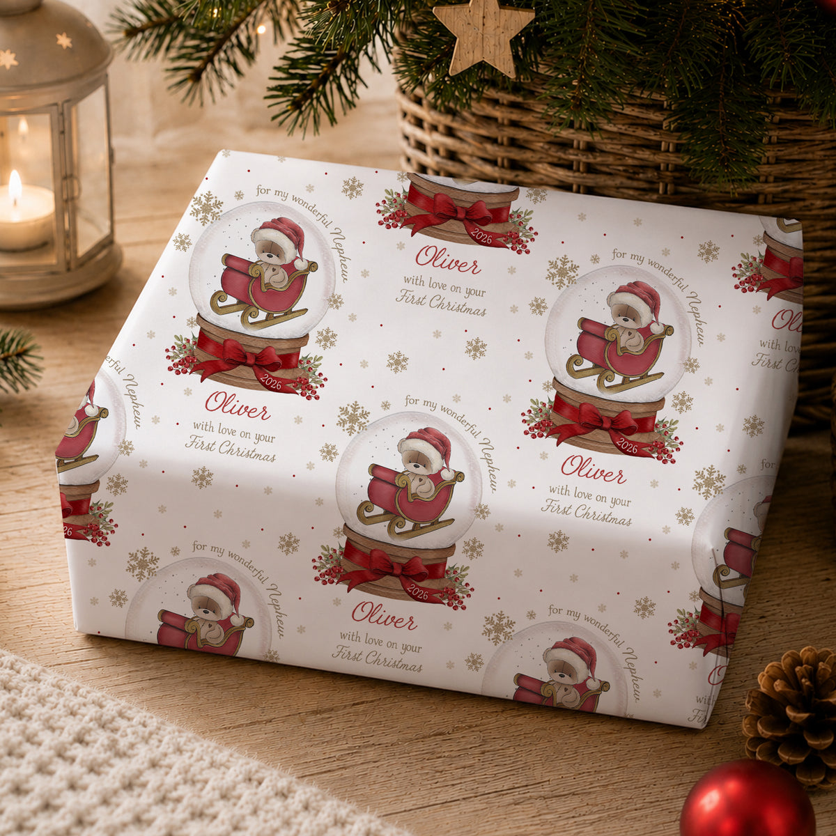 Personalised Grandson First Christmas Card – Teddy Snow Globe