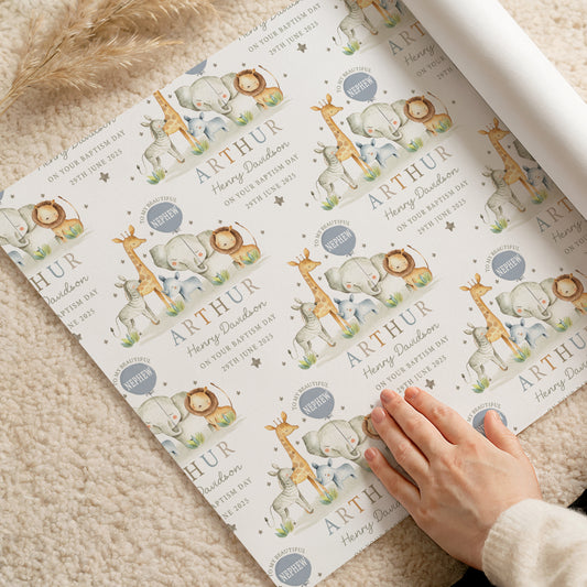 Personalised Safari Christening Naming Day Wrapping Paper