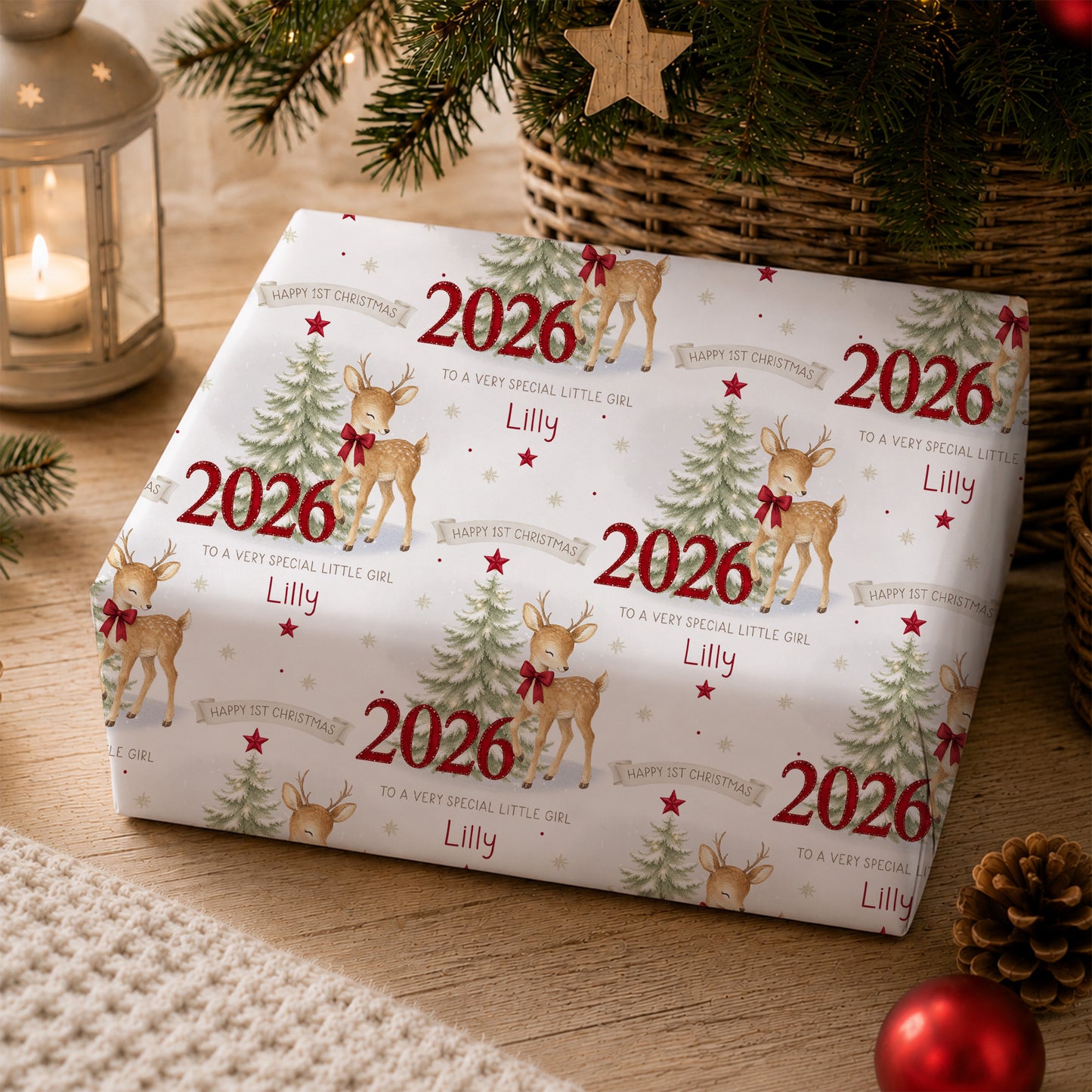 Personalised First Christmas Wrapping Paper – Red Reindeer 2026