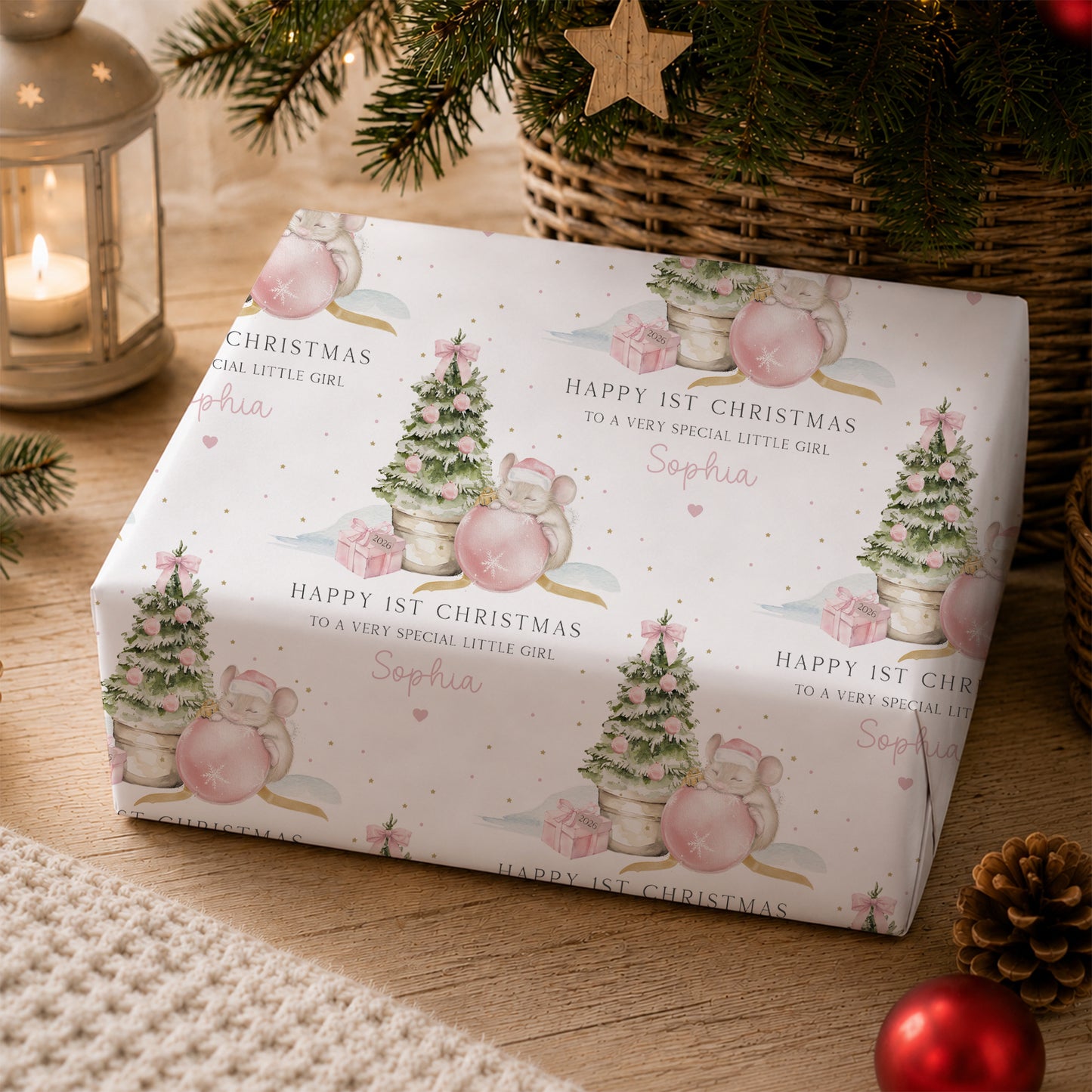 Personalised Niece First Christmas Card – Pink Christmas Mouse