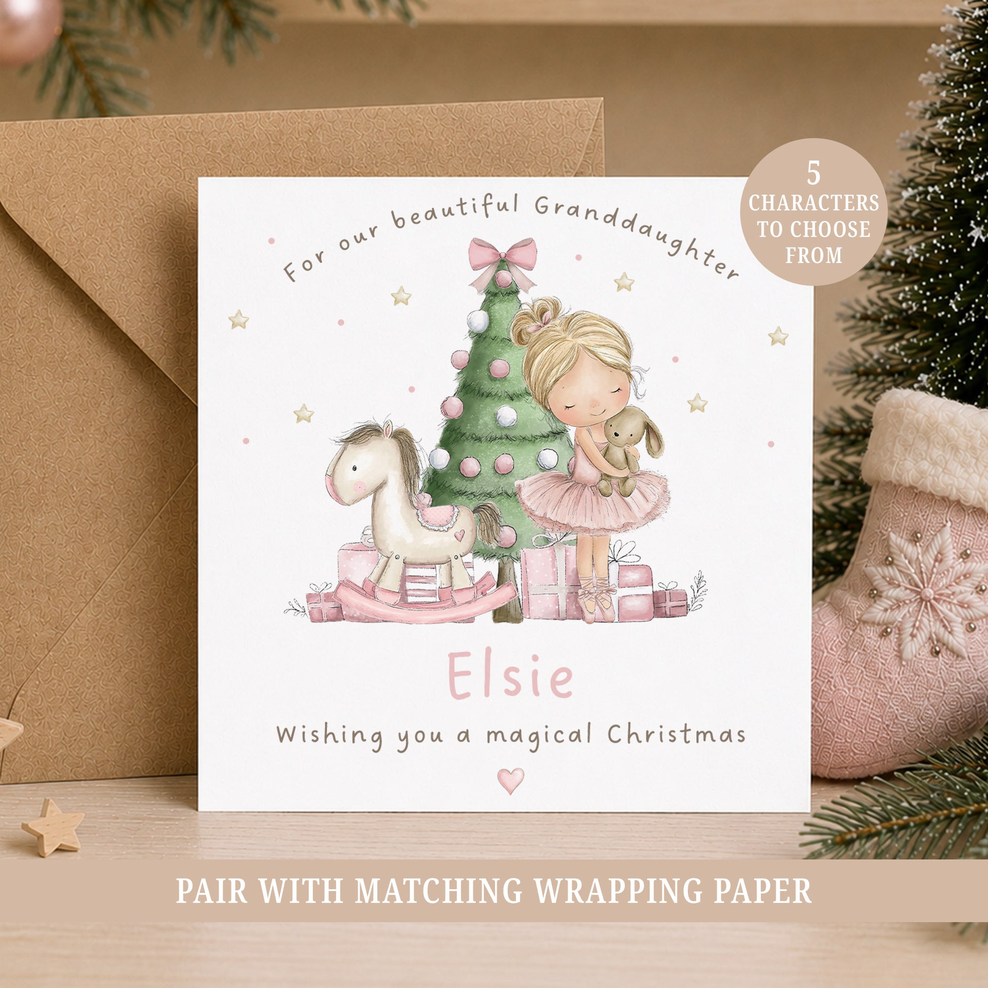 Personalised Granddaughter Christmas card featuring a girl with a bunny, pink Christmas tree decorations, rocking horse and presents.