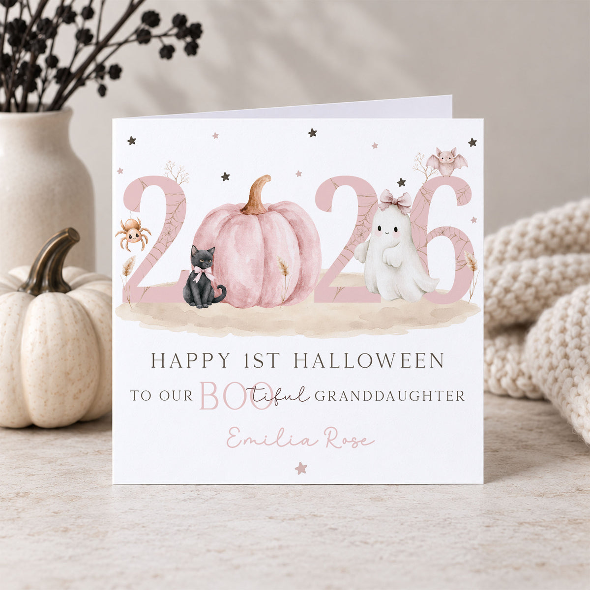 Personalised Daughter 1st Halloween Card – Pink Pumpkin