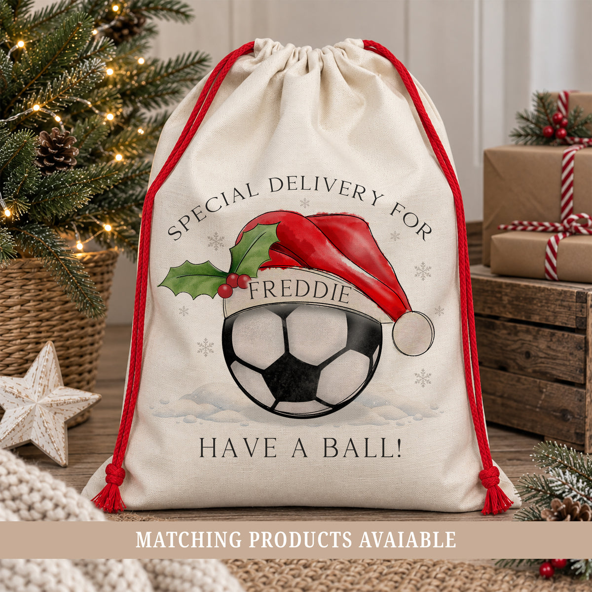 Personalised football Christmas sack featuring a black and white football wearing a red Santa hat decorated with holly, with the child's name printed across the hat and “Special Delivery For” above. Natural poly linen Santa sack with a red drawstring, available in two sizes.