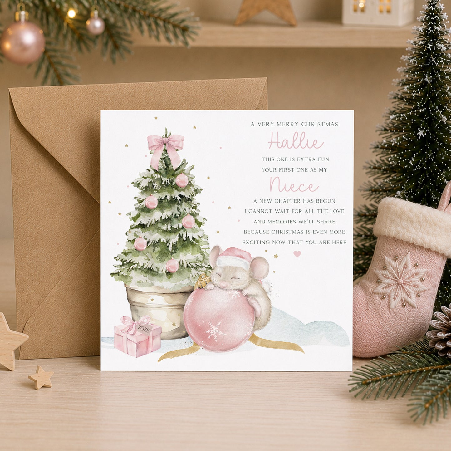 Personalised Niece First Christmas Card – Pink Christmas Mouse