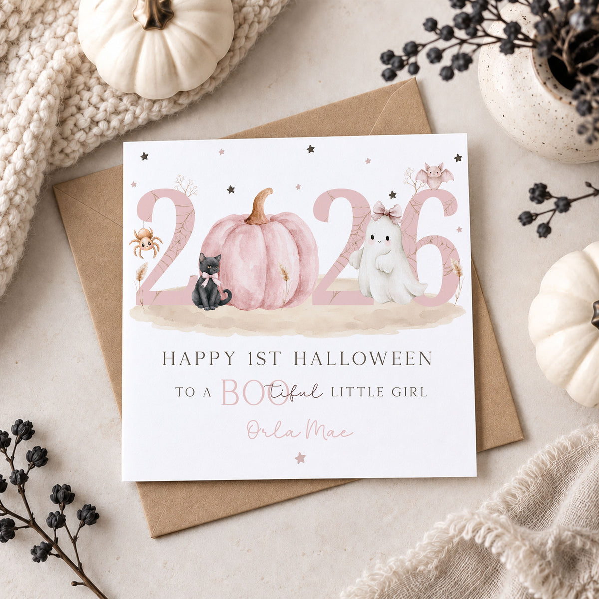 Personalised Daughter 1st Halloween Card – Pink Pumpkin