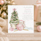Personalised Niece First Christmas card featuring a cute mouse, pink Christmas bauble and festive tree, personalised with her name.