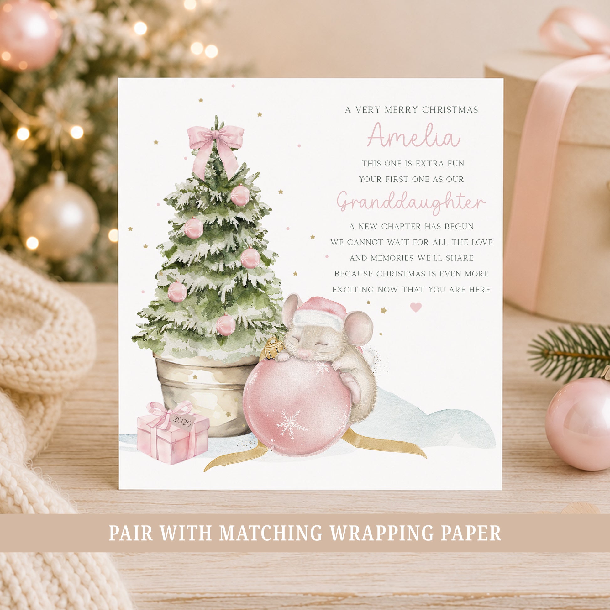 Personalised Niece First Christmas card featuring a cute mouse, pink Christmas bauble and festive tree, personalised with her name.