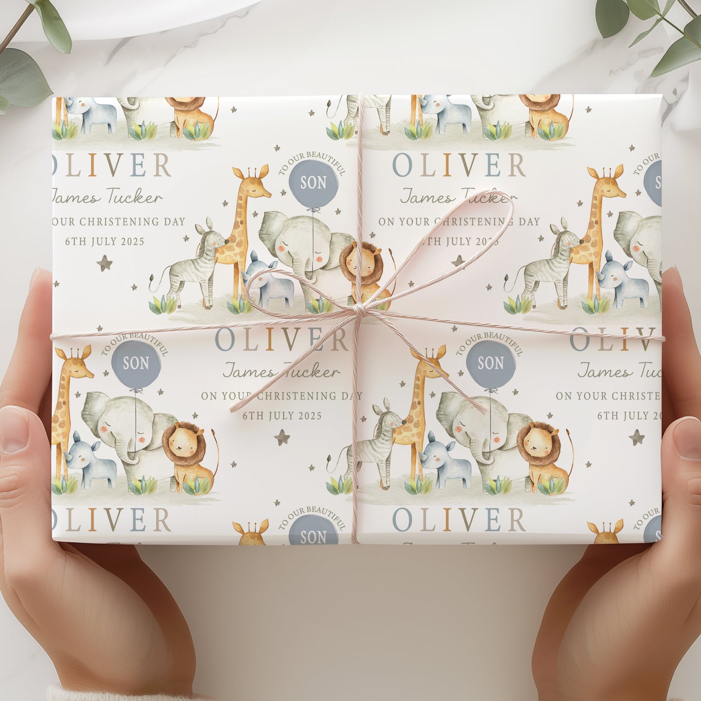 Personalised Safari Christening Naming Day Wrapping Paper