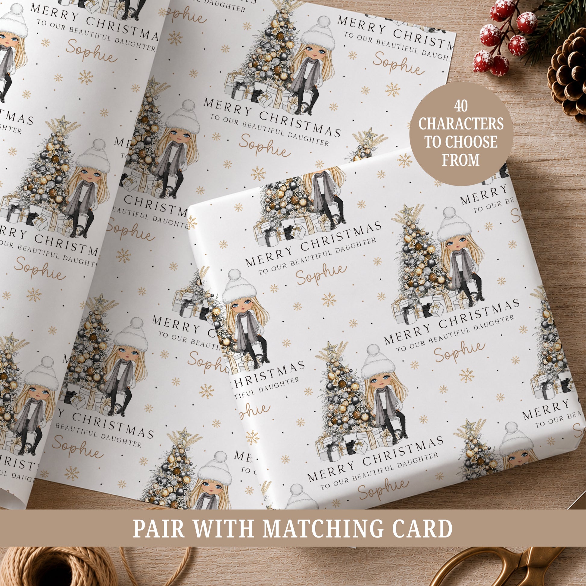 Personalised Christmas wrapping paper featuring a stylish girl character beside a black, gold and silver Christmas tree with presents and snowflakes.
