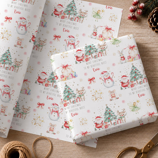 Personalised Christmas Wrapping Paper | Girls Santa Reindeer & Snowman Gift Wrap