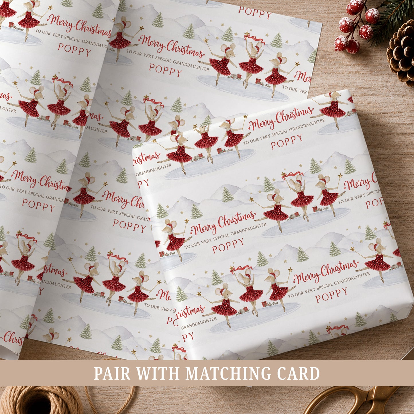 Personalised Christmas wrapping paper featuring ballerina mice in red festive dresses, Christmas trees and stars, with a name and relation.