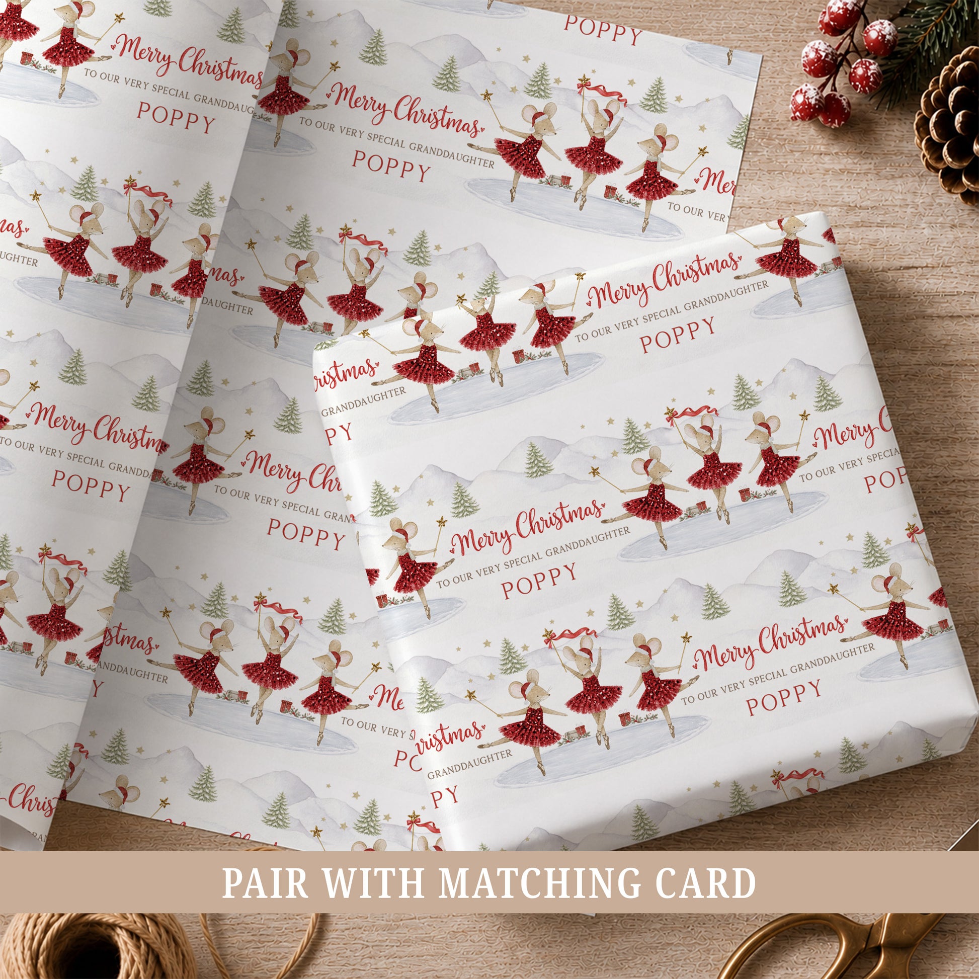 Personalised Christmas wrapping paper featuring ballerina mice in red festive dresses, Christmas trees and stars, with a name and relation.