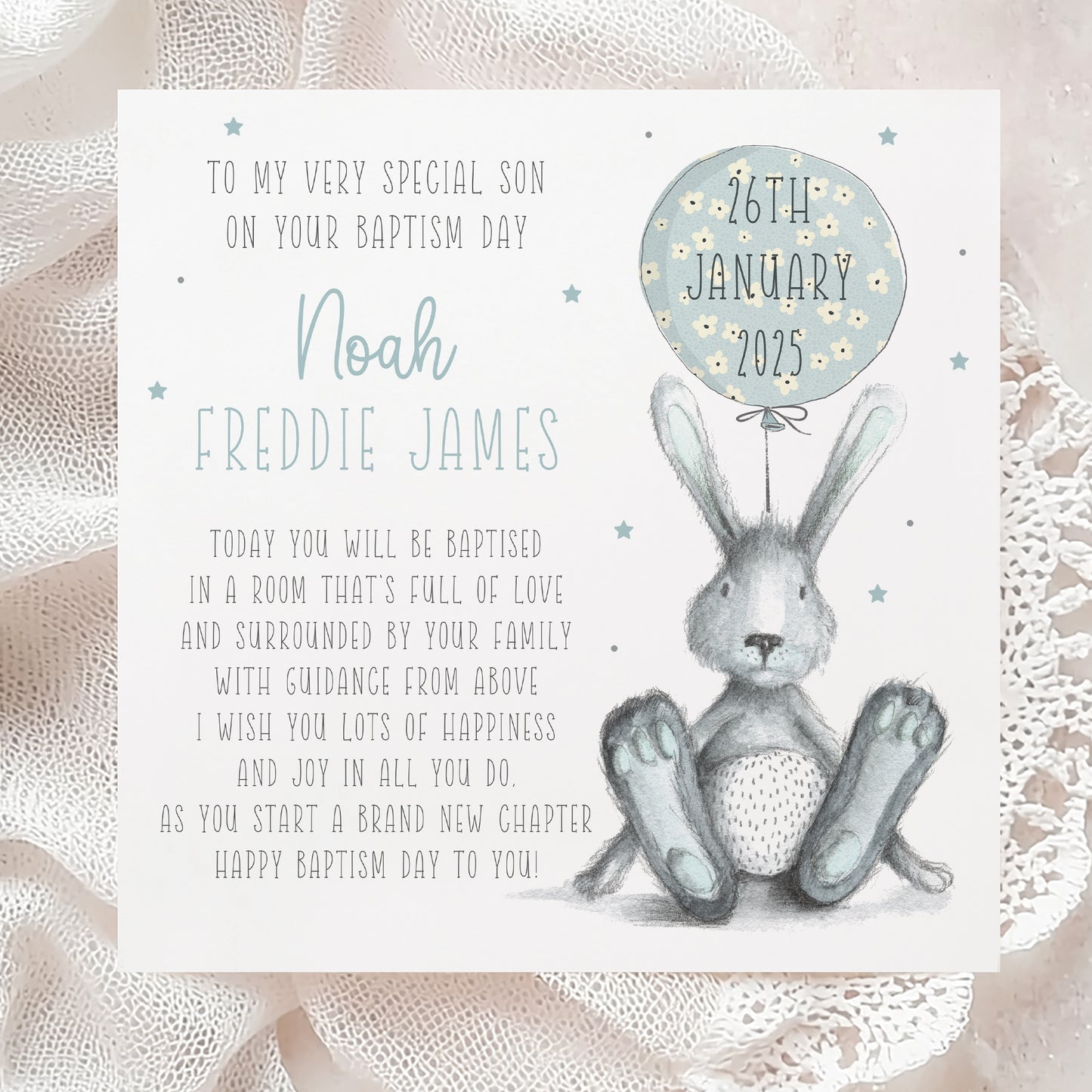 Personalised Boy's Blue Bunny Christening Baptism Day Card