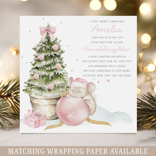 Personalised Baby Girl's Pink First Christmas Mouse Card