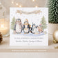 Personalised grandchildren Christmas card featuring up to four cute watercolour penguins in a festive snowy scene with Christmas trees and presents, personalised with each grandchild’s name.