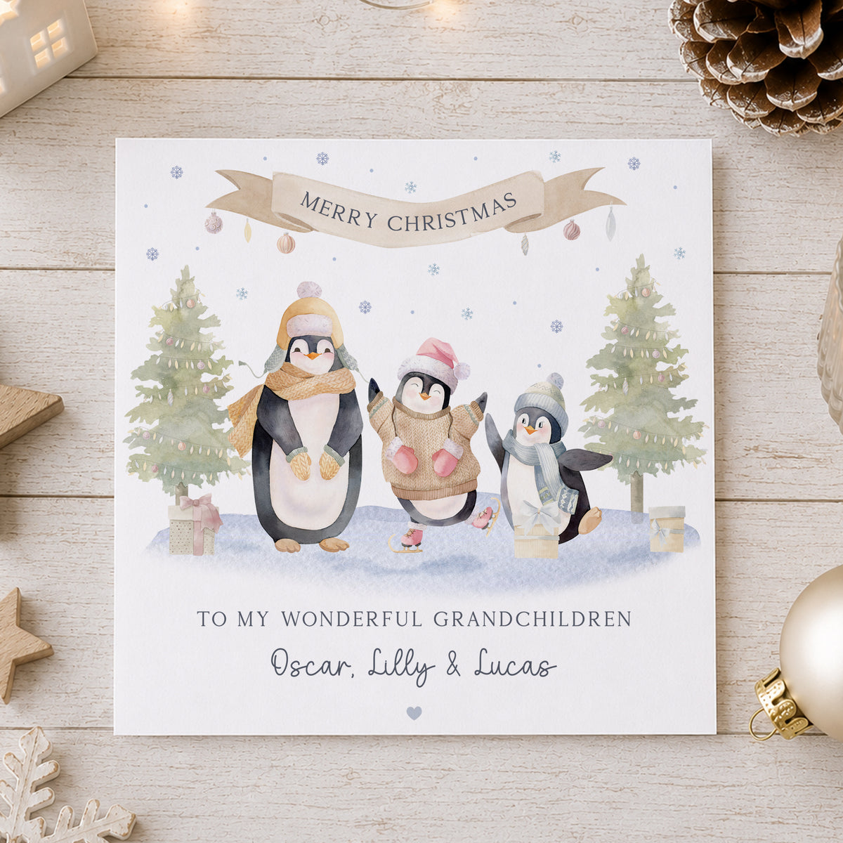 Personalised Grandchildren Christmas Card – Penguin Family