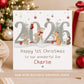 Personalised Son First Christmas card featuring woodland animals, 2026 design and the child’s name, with deer, bunny, fox and hedgehog illustrations.
