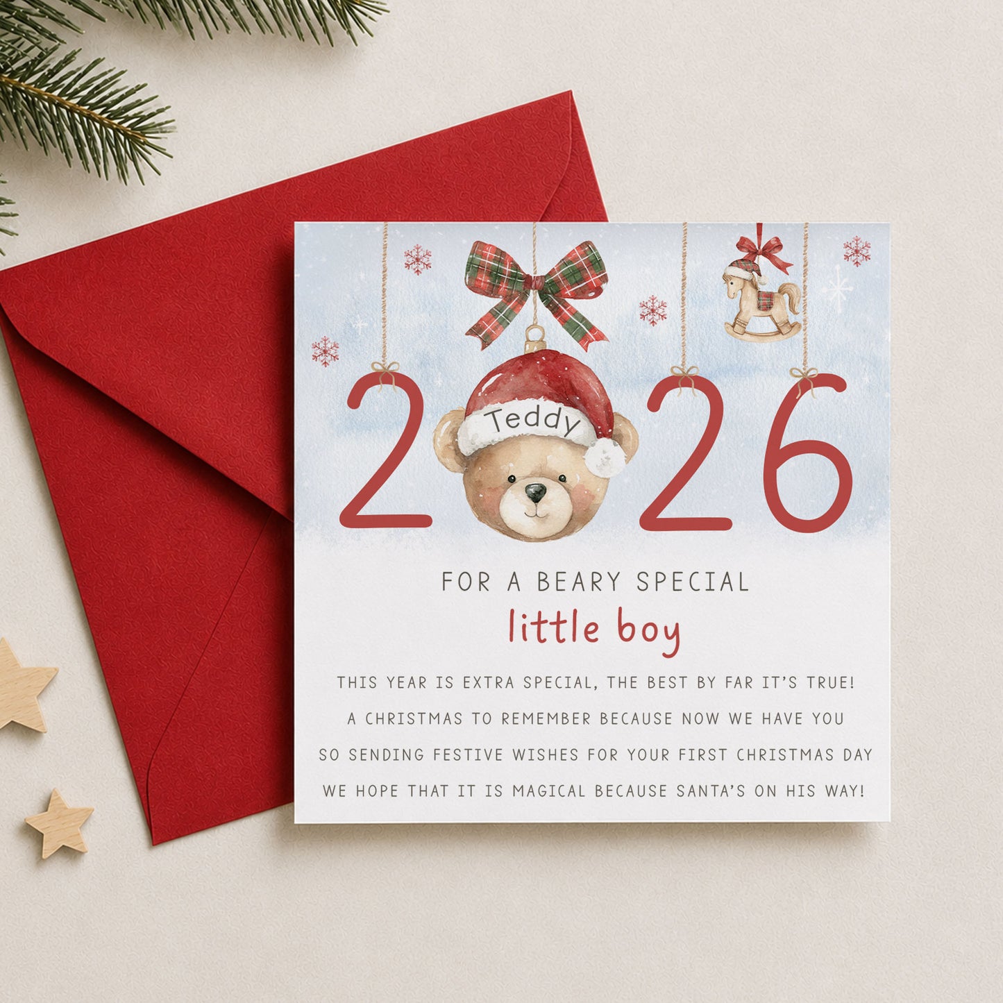 Personalised Godson First Christmas Card – Christmas Teddy Bear