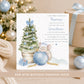 Personalised Baby’s First Christmas card with blue Christmas tree, cute mouse and bauble, personalised with a name and chosen relation.